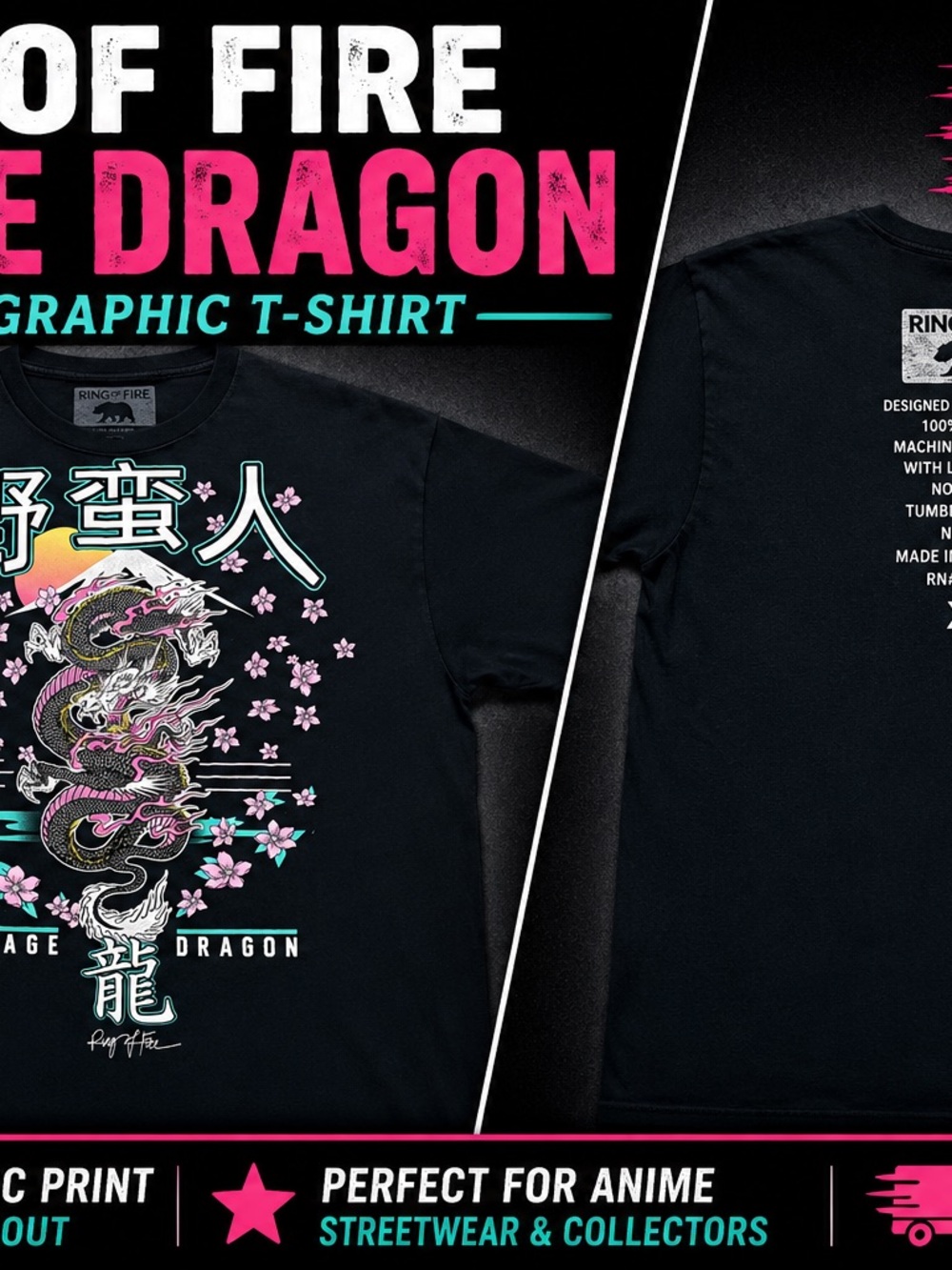 Ring Of Fire Black Graphic Dragon T-Shirt — Pink & Teal Print